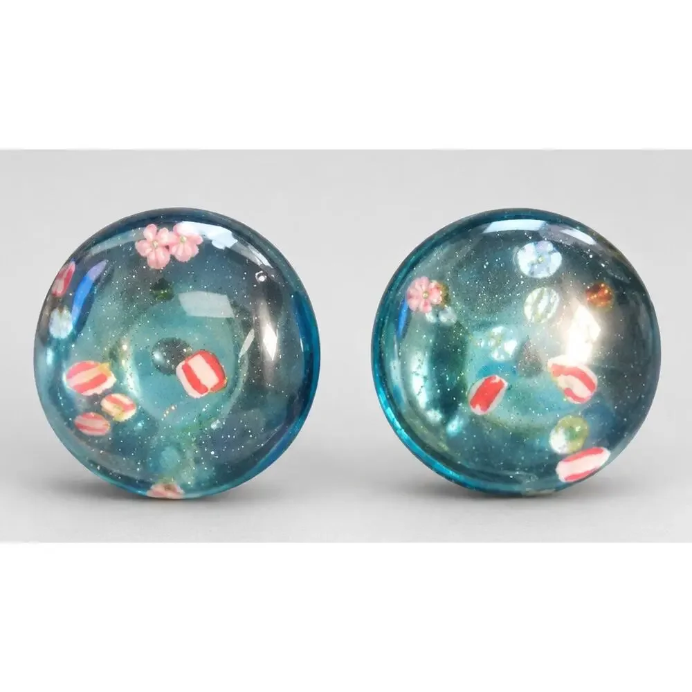Vintage Blue Embedded Millefiore Lucite Clip-On‎ Earrings- Colorful Retro bcl-22